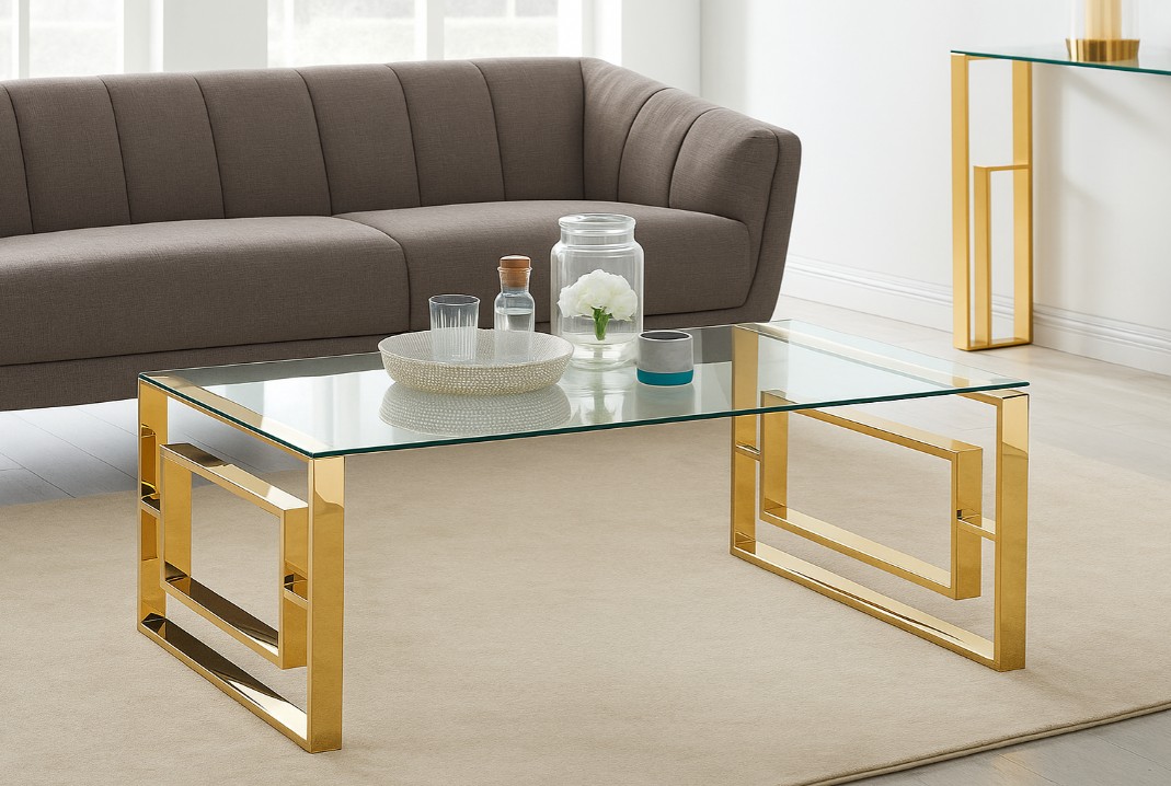Modern Rectangular Glass Table-Gold Metal Base - Pioneer Furniture